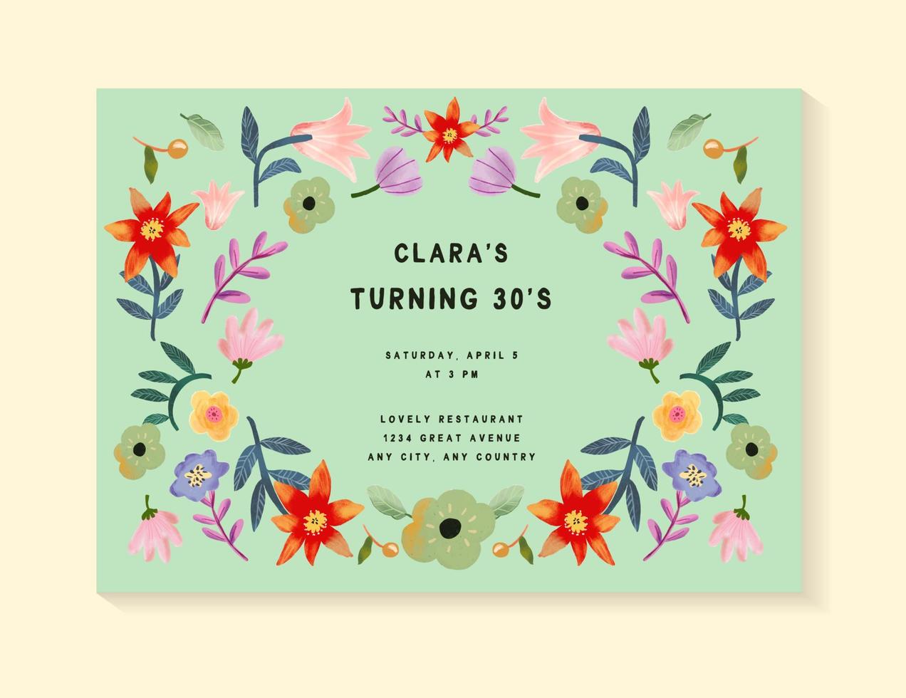 carte d'invitation d'anniversaire floral gouache colorée vecteur