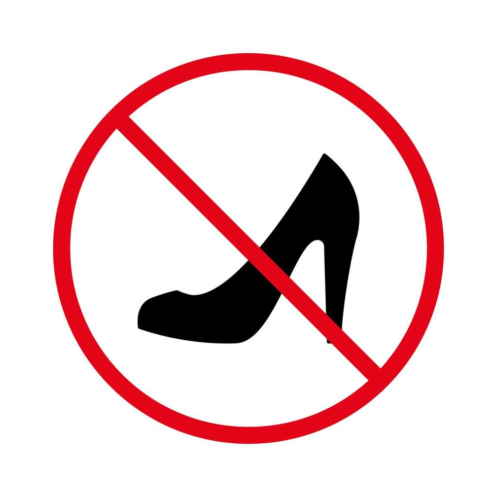aucun signe de chaussures pour femmes à talons hauts autorisé. interdire l'icône de silhouette noire de paire de chaussures féminines. pictogramme de chaussures élégantes femme interdite. interdire le symbole d'arrêt rouge stiletto classique. illustration vectorielle isolée. vecteur