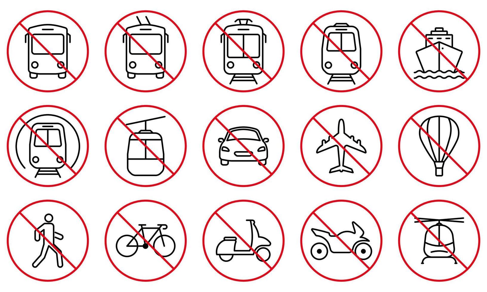 interdire le train, le chariot, la voiture de véhicule, la moto, le tram, le vélo, la navette, l'ensemble d'icônes de ligne noire de station de vélo. panneau d'arrêt rouge de route interdite. pictogramme transport interdit. illustration vectorielle isolée. vecteur