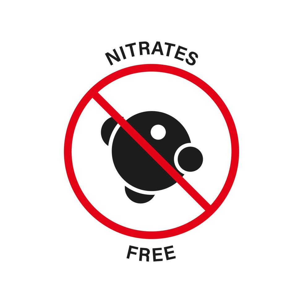 icône noire silhouette sans nitrates. nitrites dans le panneau d'arrêt des ingrédients alimentaires. symbole interdit de nitrate. garantir le logo sans nitrite. contrôle certifié nutritionnel. illustration vectorielle isolée. vecteur