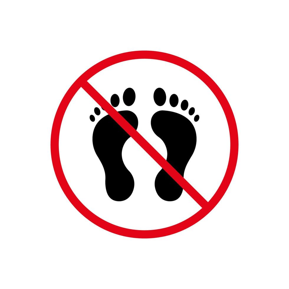 avertissement interdiction marcher pieds nus icône silhouette noire. interdire le pictogramme d'empreinte humaine. empreinte de pas pied nu symbole d'arrêt rouge. aucun signe de pas d'homme. carbone co2 interdire. illustration vectorielle isolée. vecteur