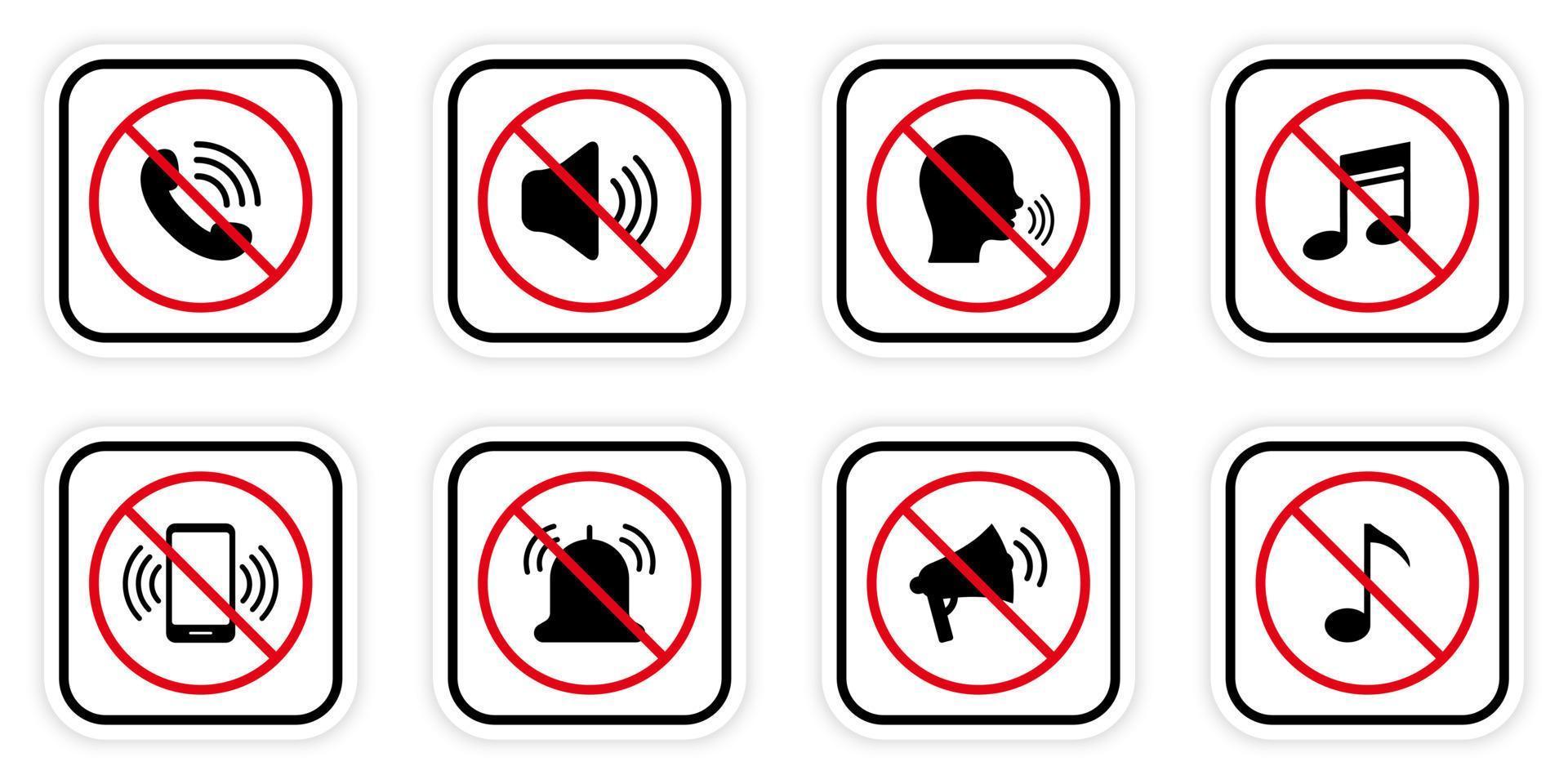 jeu d'icônes de voix sonore interdite. pictogramme de silhouette noire muette de silence. avis d'interdiction d'appel. interdire le bruit du haut-parleur du téléphone sonner le symbole d'arrêt rouge. icône du mode silencieux. illustration vectorielle isolée. vecteur