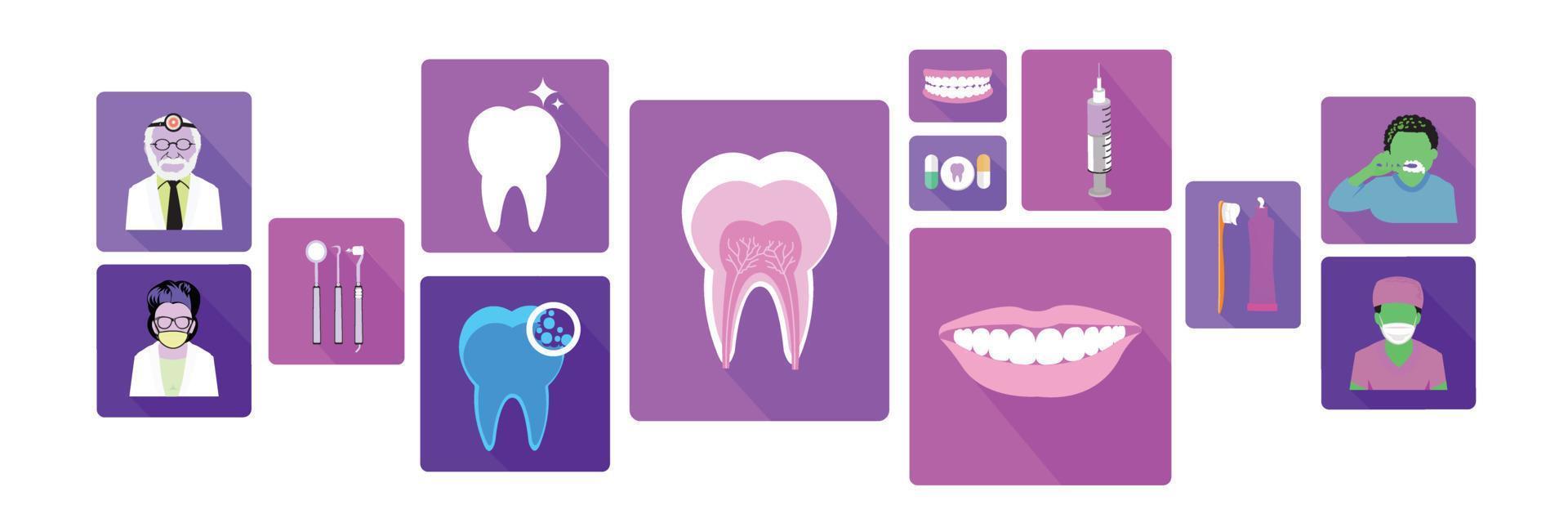 bannière d'icônes dentaires de couleur moderne sertie d'effet d'ombre portée vecteur