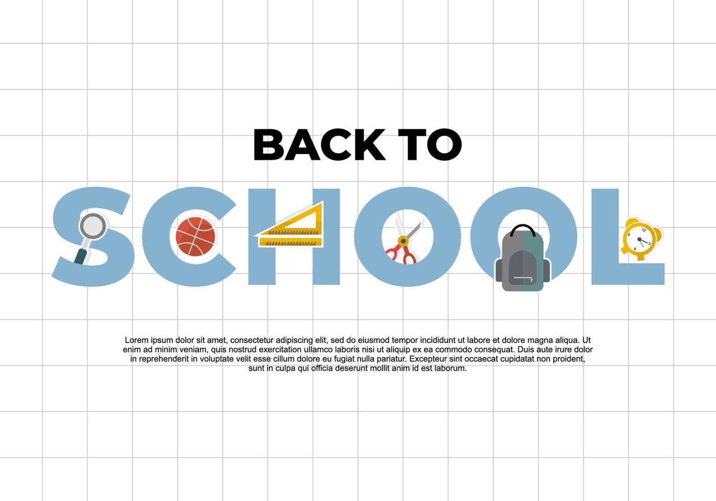 loupe d'éducation de retour à l'école, basket-ball, règle, sac et horloge vecteur