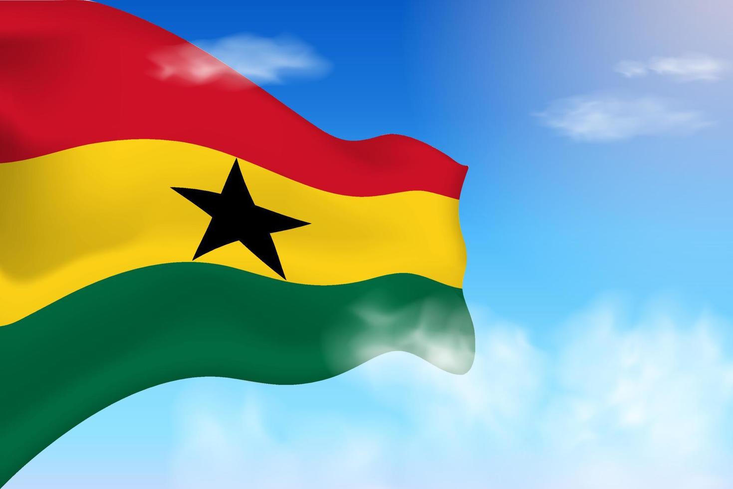 drapeau du ghana dans les nuages. drapeau de vecteur agitant dans le ciel. illustration de drapeau réaliste de la fête nationale. vecteur de ciel bleu.