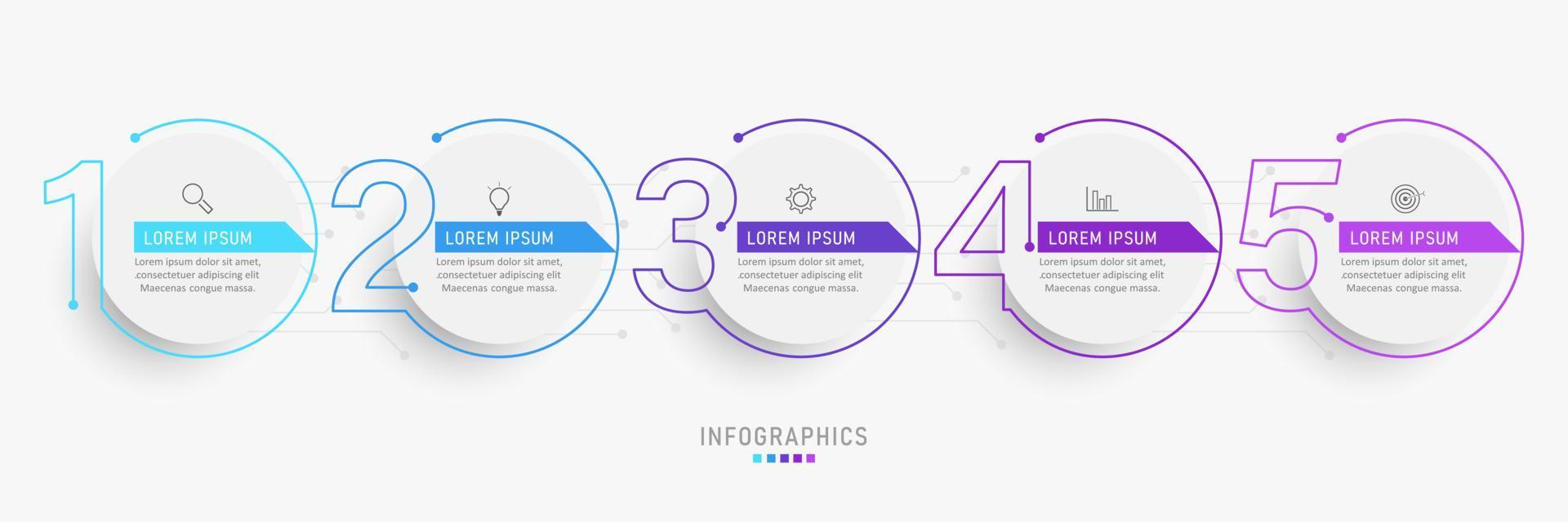 modèle de conception d'étiquettes infographiques vectorielles avec icônes et 5 options ou étapes. peut être utilisé pour le diagramme de processus, les présentations, la mise en page du flux de travail, la bannière, l'organigramme, le graphique d'informations. vecteur