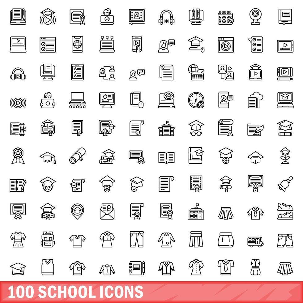 Ensemble de 100 icônes d'école, style de contour vecteur