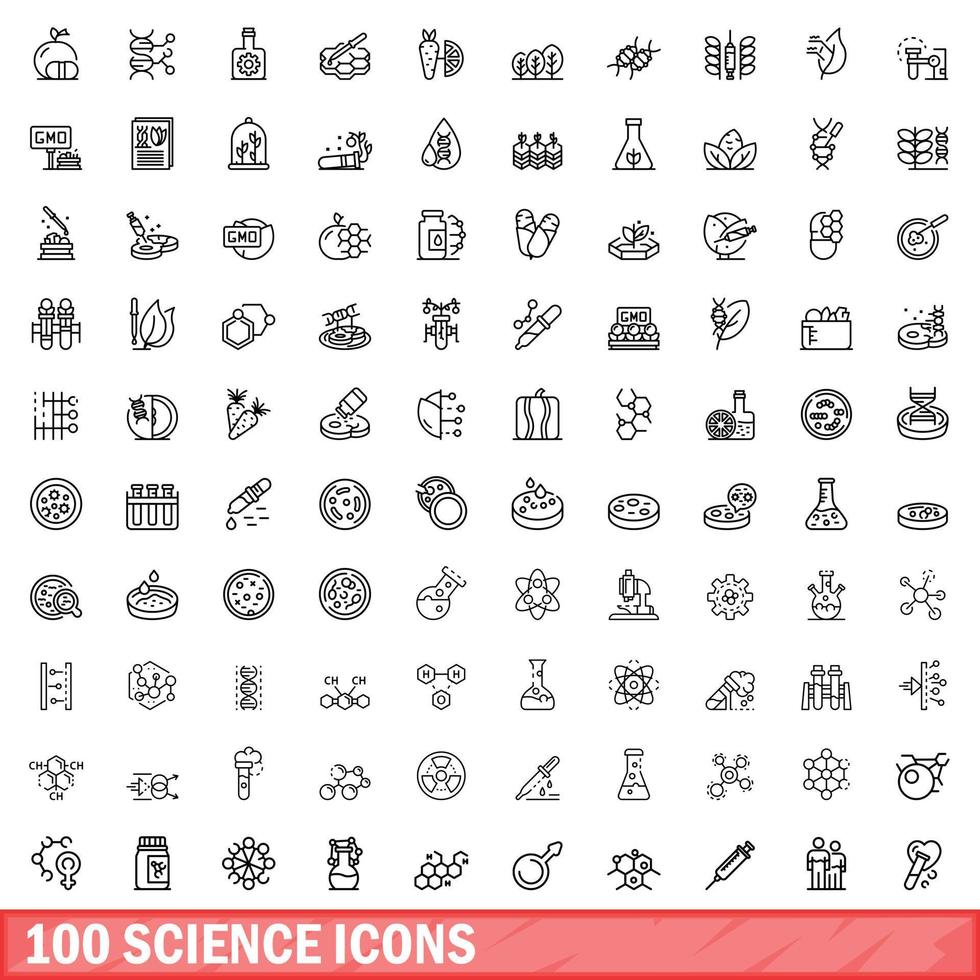 Ensemble de 100 icônes scientifiques, style de contour vecteur