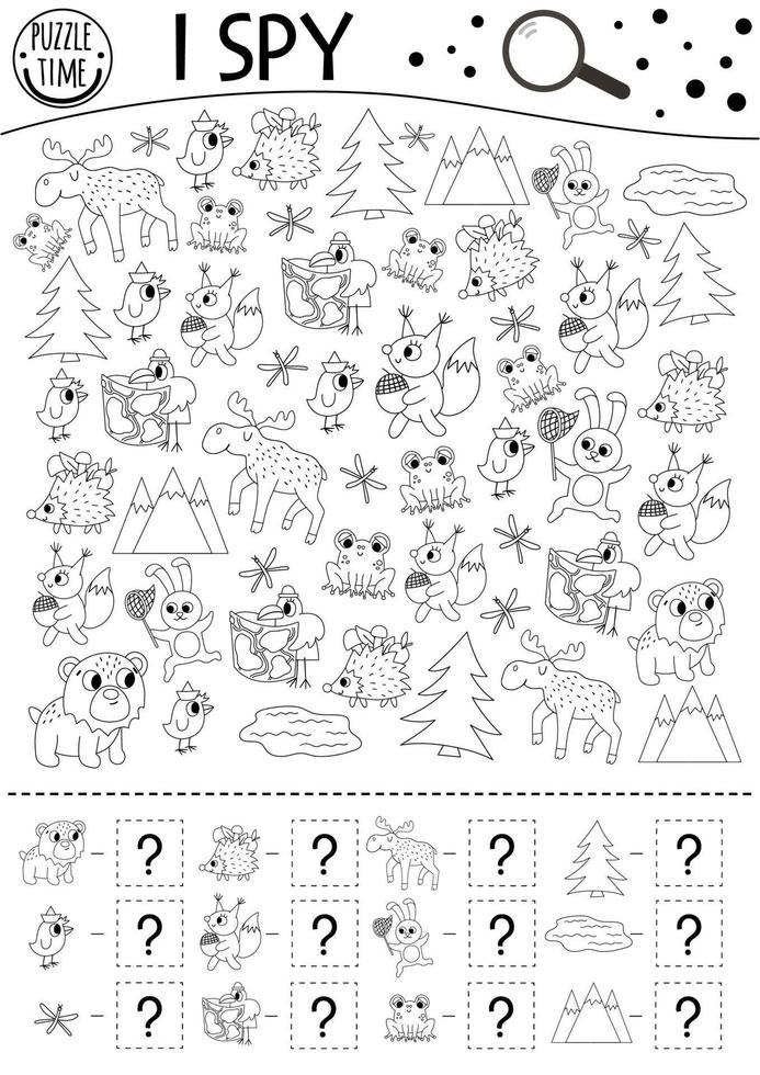 forêt j'espionne jeu noir et blanc pour les enfants. recherche et comptage de l'activité de contour ou de la page de coloriage avec des animaux des bois et des éléments de la nature. feuille de travail imprimable amusante pour les enfants avec des oiseaux, des insectes. vecteur