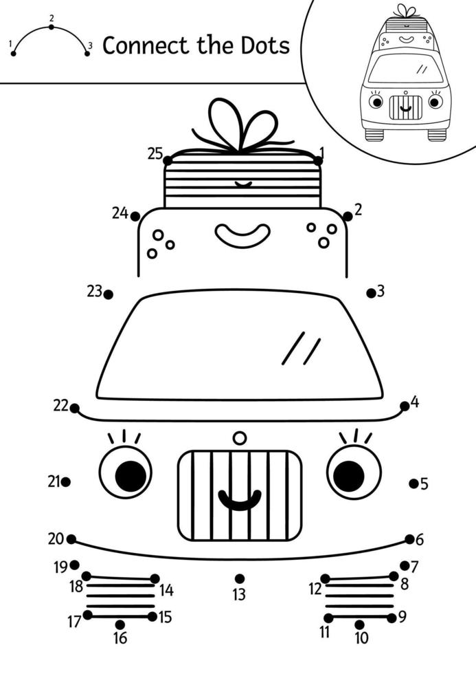 image vectorielle camping point à point et activité de couleur avec une jolie camionnette touristique kawaii avec des valises. camp d'été reliez le jeu de points pour les enfants avec voiture. Coloriage drôle de voyage sur la route adorable pour les enfants. vecteur