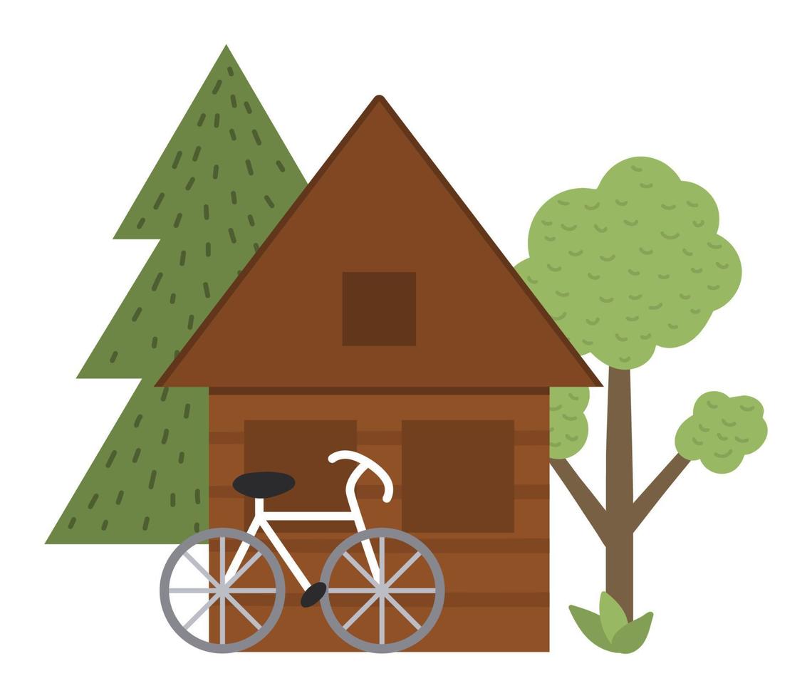 scène de camp d'été avec maison, arbres verts, vélo. illustration vectorielle de feu de camp. vacances actives ou conception de paysages boisés touristiques locaux pour cartes postales, impressions, infographies. vecteur