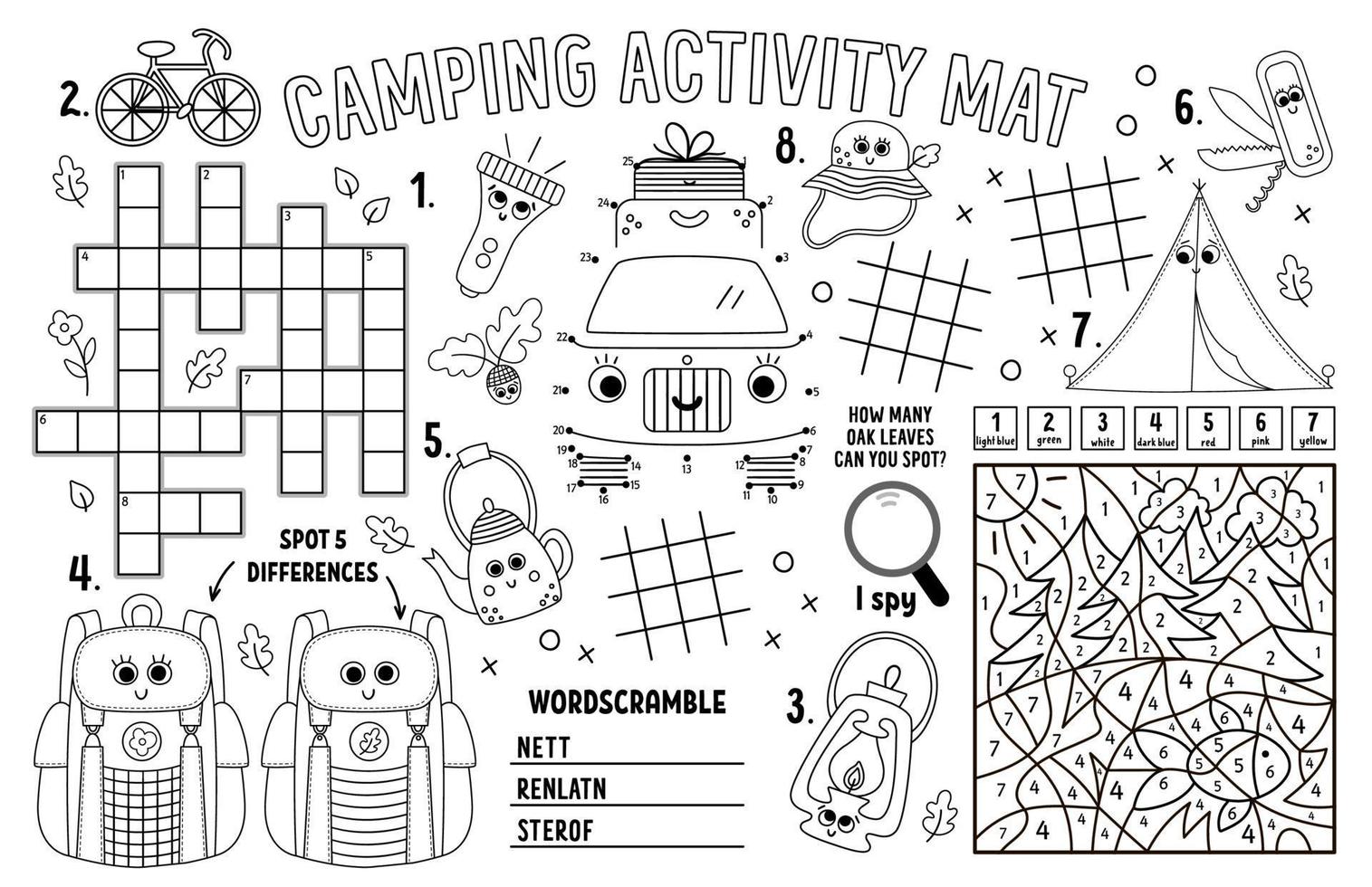 napperon de camping de vecteur. tapis d'activité imprimable vacances camp d'été avec labyrinthe, tableaux tic tac toe, relier les points, mots croisés, couleur par numéro. tapis de jeu noir et blanc ou coloriage vecteur