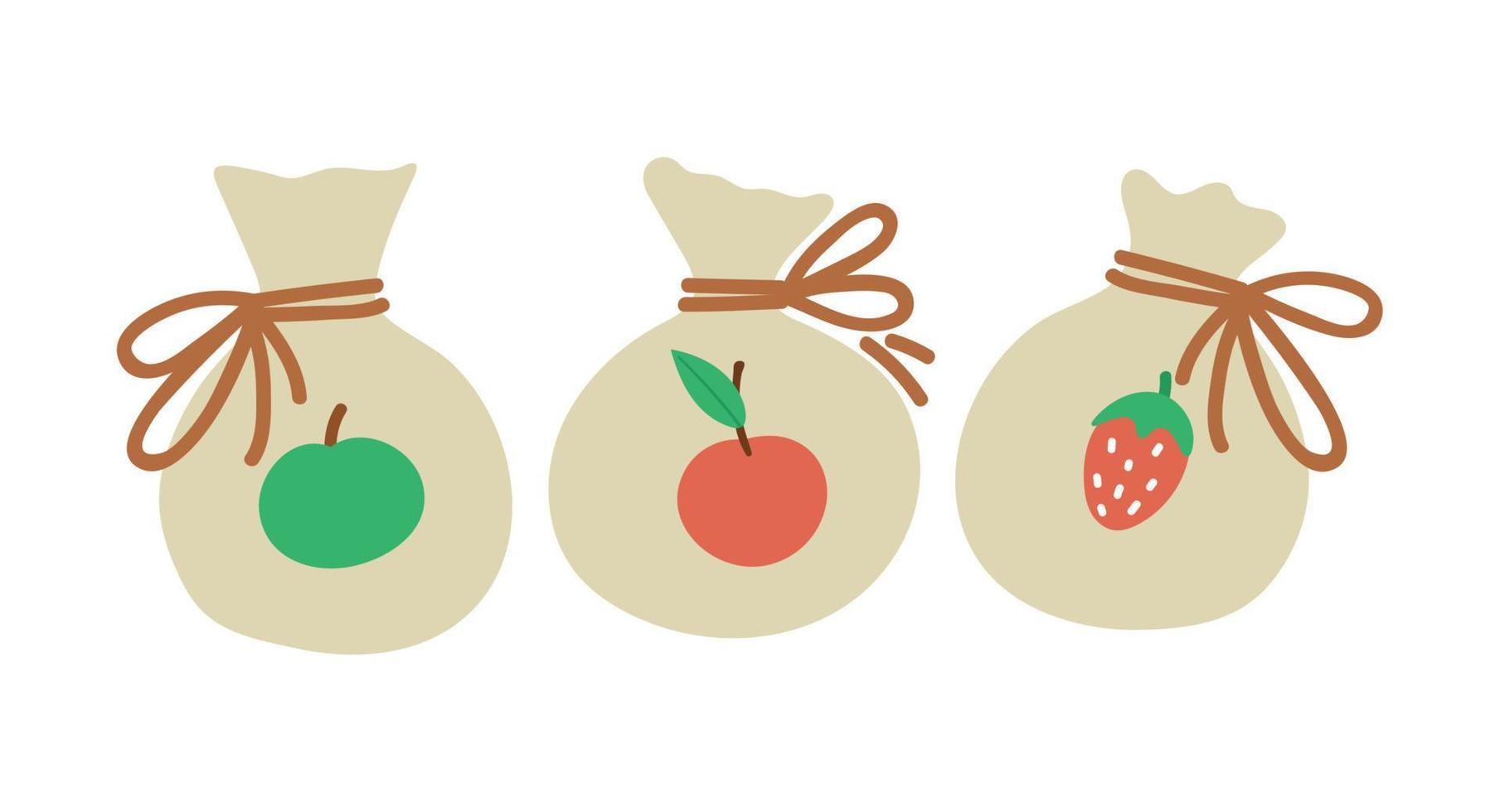 vecteur de fruits secs dans des sacs de chiffon. jolie illustration de dessert drôle pour carte, affiche, conception d'impression. concept d'aliments sains et lumineux pour les enfants isolés sur fond blanc.