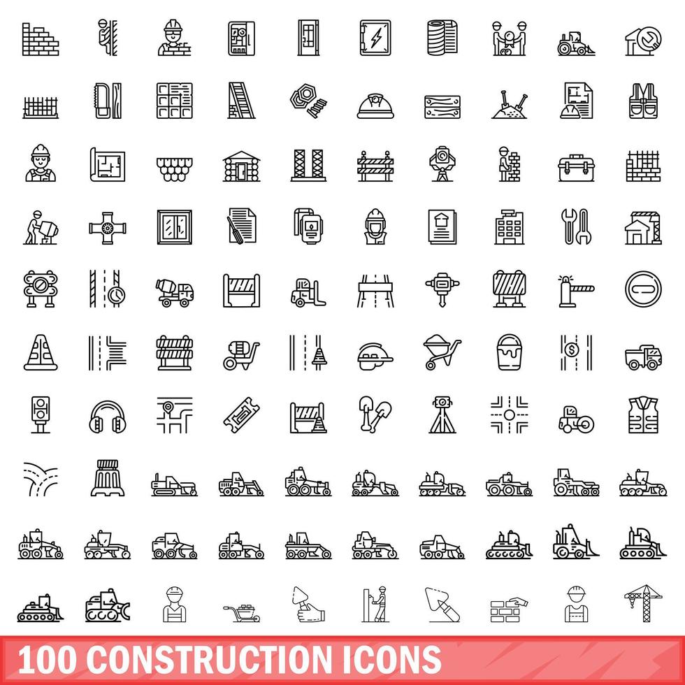 Ensemble de 100 icônes de construction, style de contour vecteur
