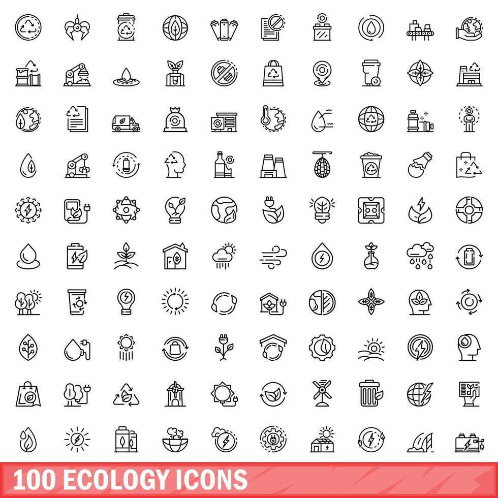 Ensemble de 100 icônes écologiques, style de contour vecteur