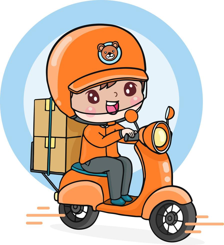 livreur de personnage de dessin animé monter à moto avec des boîtes en carton illustration plate isoler la conception de vecteur