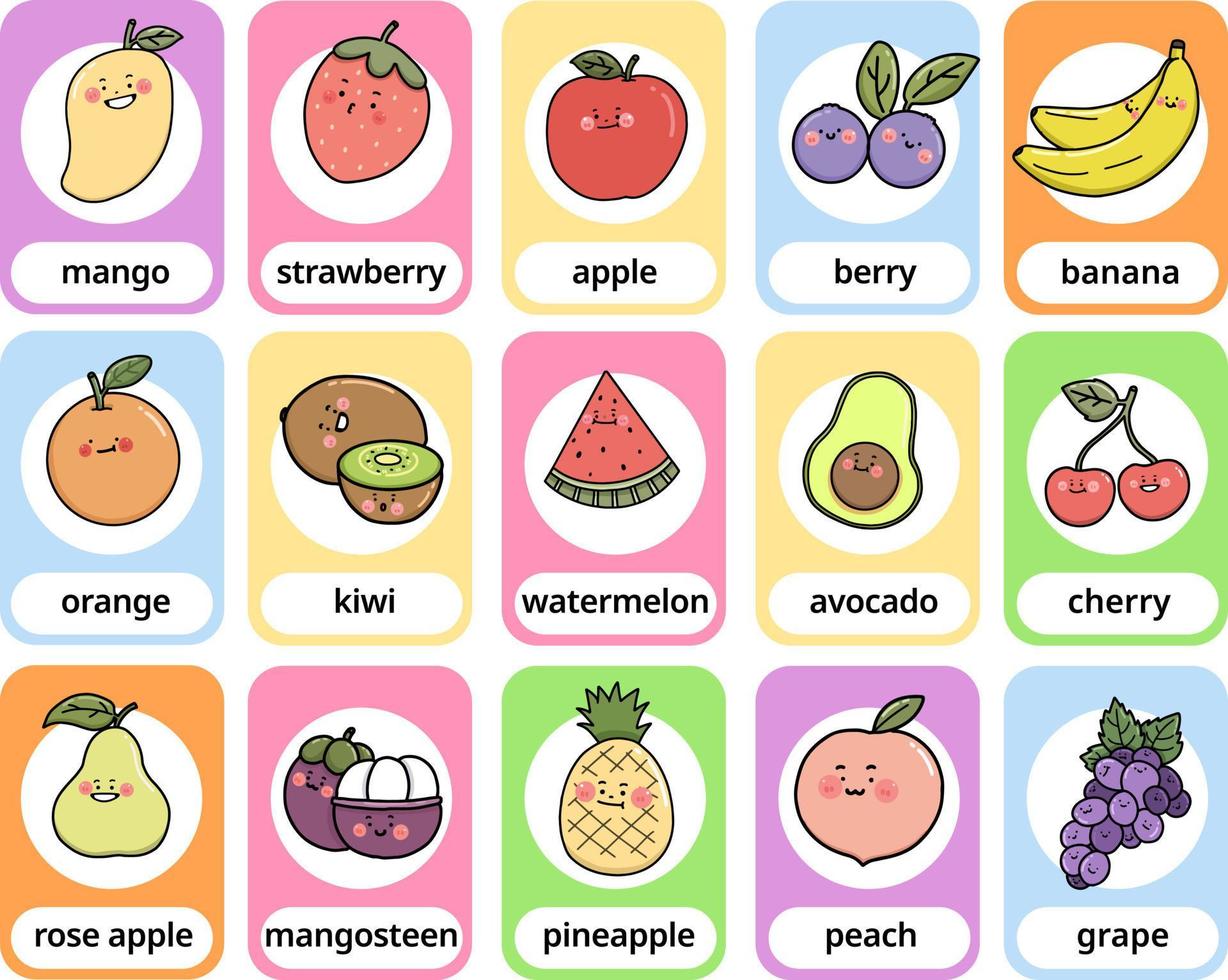 Définir la carte rapide de vocabulaire anglais de personnage de dessin animé de fruits pour les enfants, conception de vecteur d'illustration plate