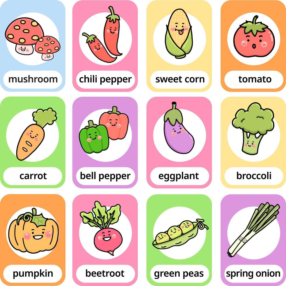 Définir la carte rapide de vocabulaire anglais de personnage de dessin animé de légumes pour les enfants, conception de vecteur d'illustration plate