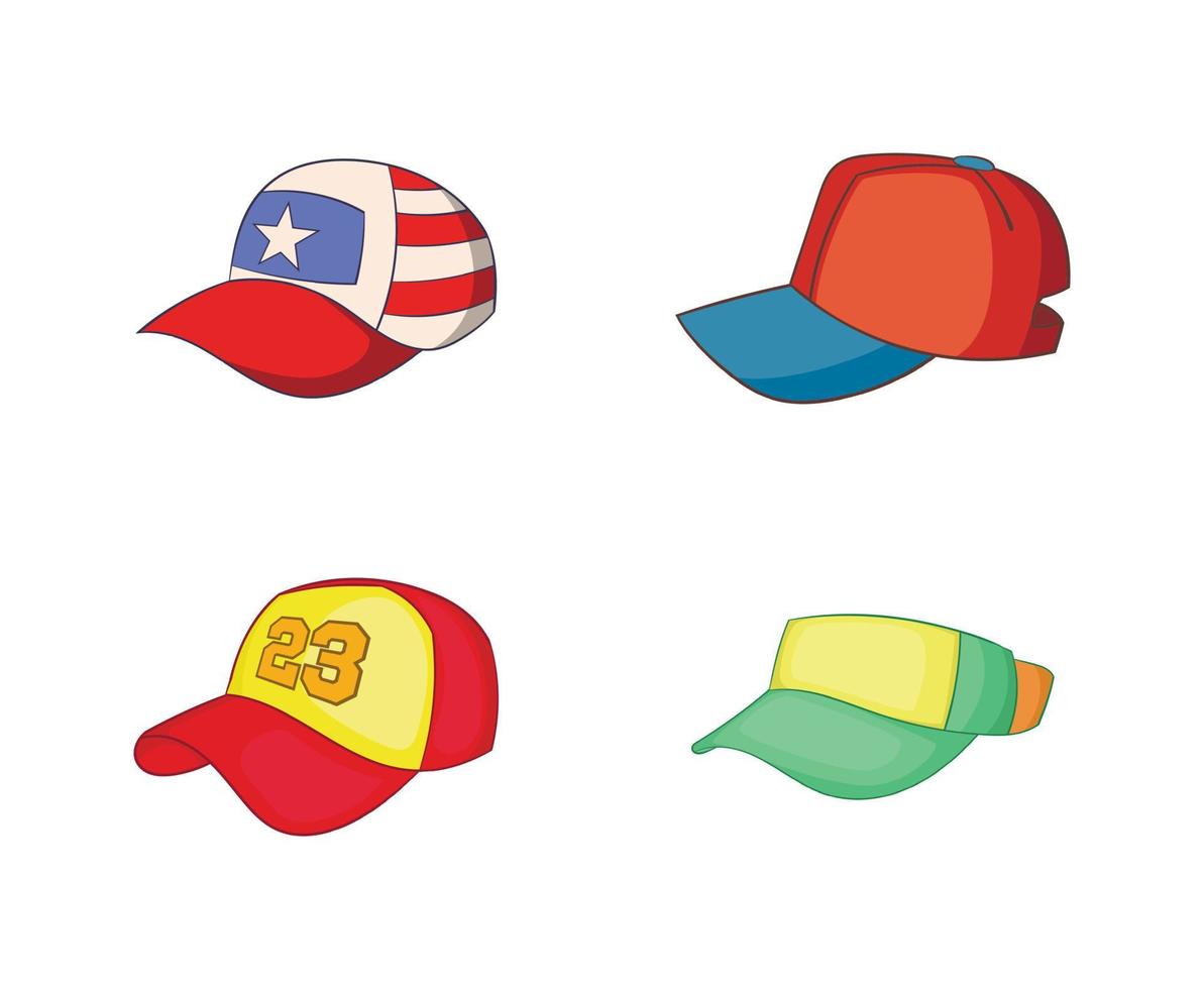 jeu d'icônes de casquette de baseball, style cartoon vecteur
