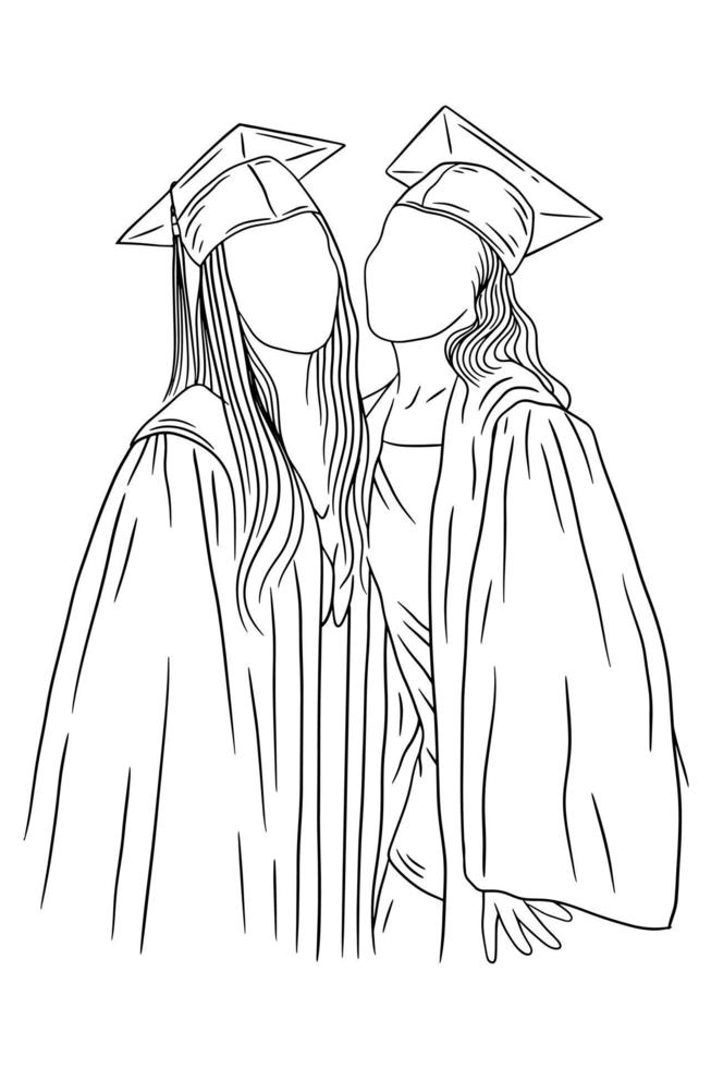 heureux meilleurs amis heureux graduation femmes filles université style arts en ligne illustration dessinée à la main vecteur