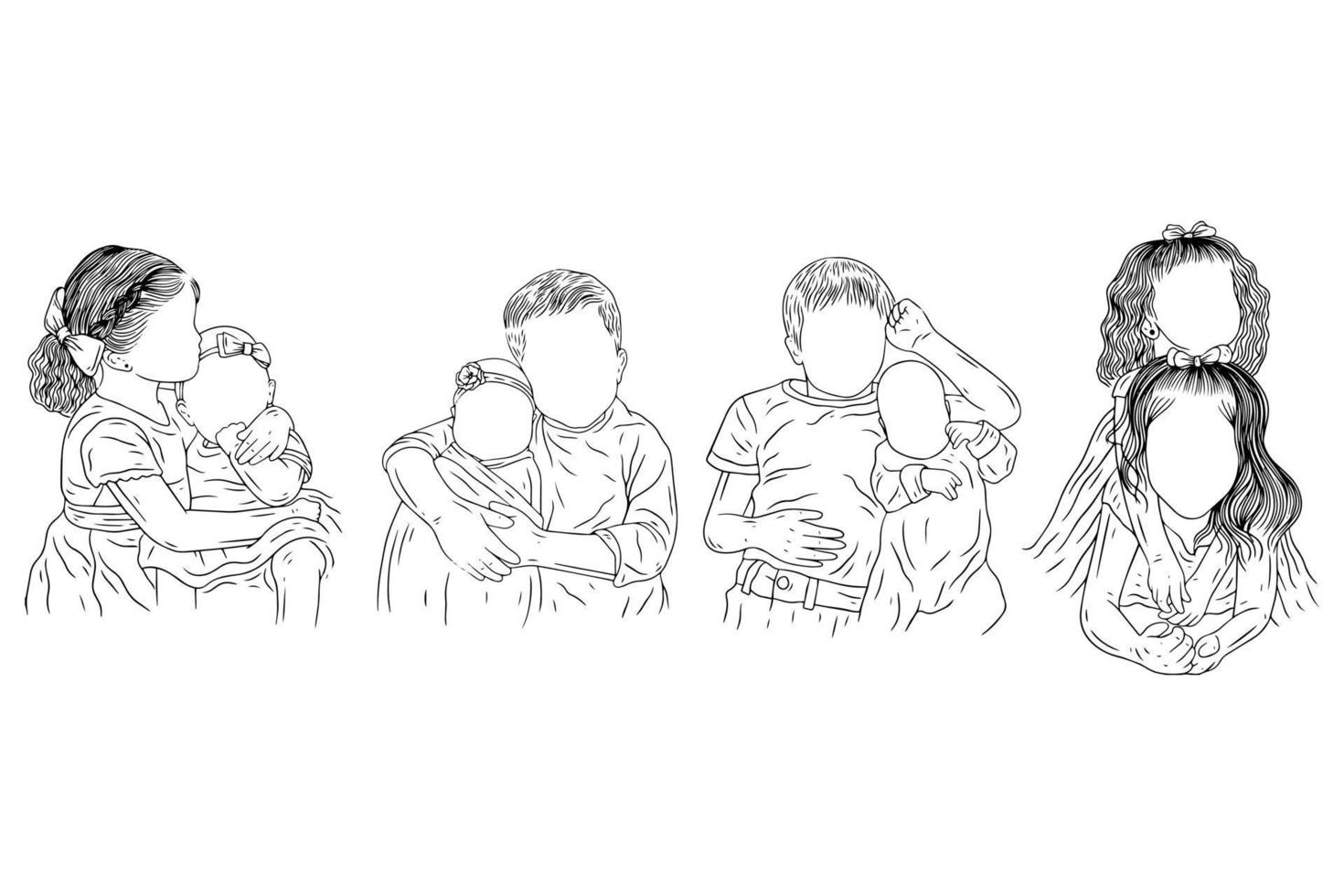 ensemble ensemble mignon mère et bébé né famille heureuse maman et enfants femmes autonomiser bébé naissance dessin au trait style dessiné à la main vecteur