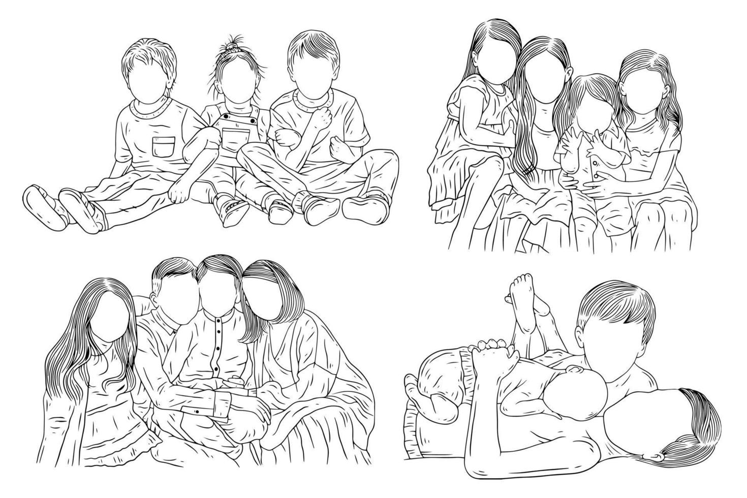 set bundle mignon heureux frère et sœur fille et fils bébés famille enfants enfants dessin au trait illustration dessinée à la main vecteur