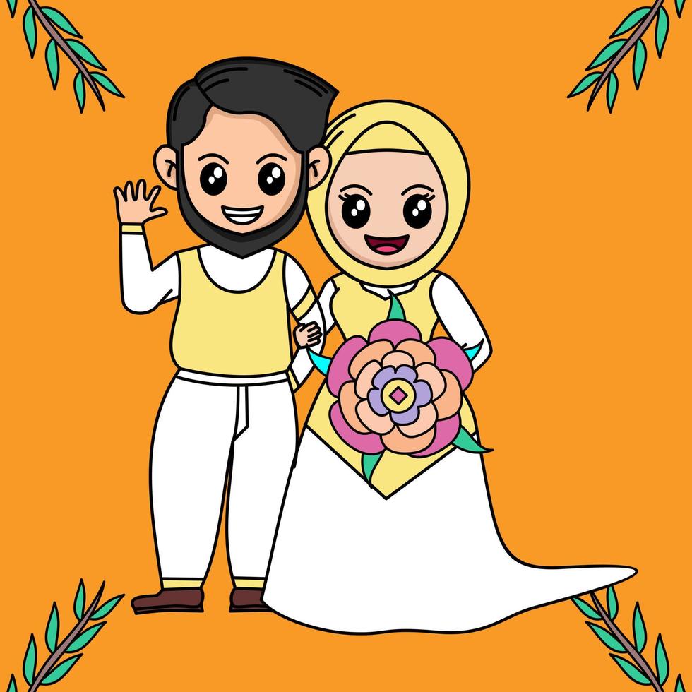 illustration vectorielle de mariage de dessin animé avec thème de plantes et de fleurs vecteur