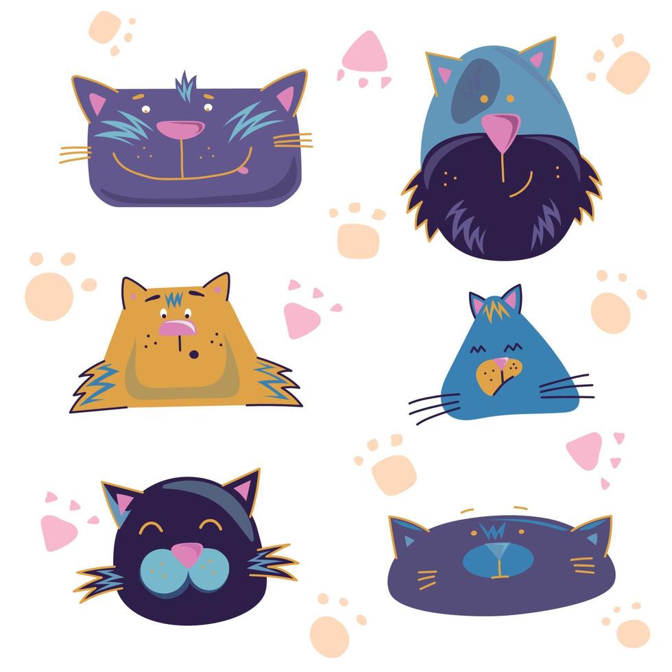 collection de 6 visages de chat avec émotions. jeu d'illustrations vectorielles drôle et mignon isolé sur fond blanc pour affiche, bannière, web, design vecteur
