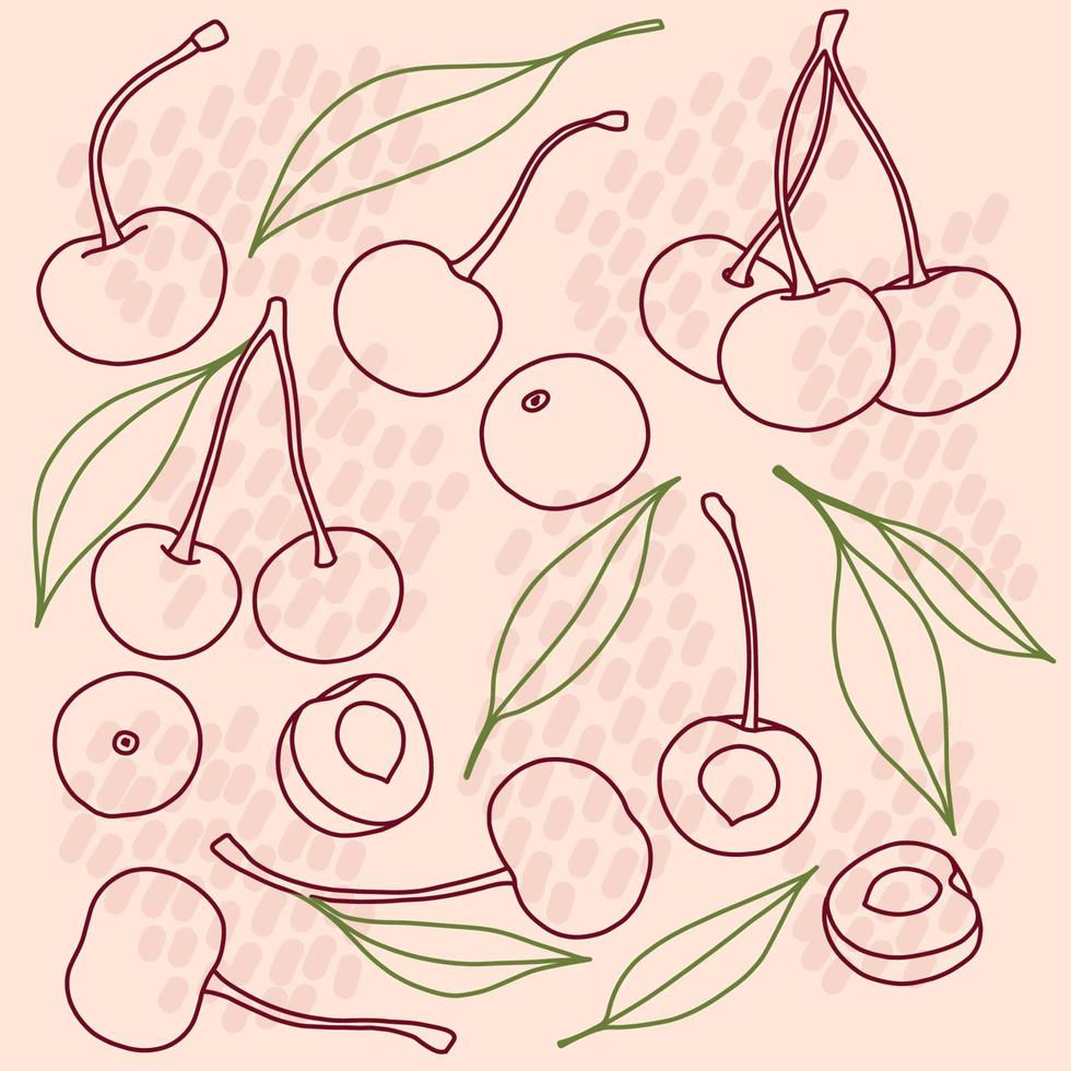 ensemble de cerises vectorielles de style croquis dessinés à la main isolé sur fond blanc, illustration de nourriture écologique vecteur