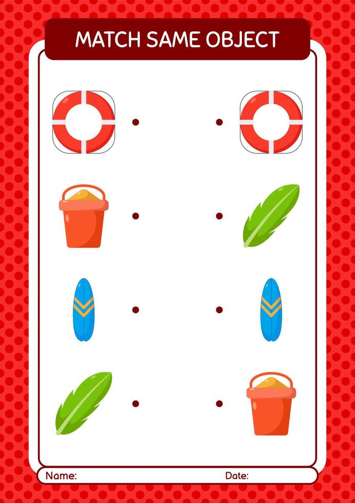 match avec la même icône d'été de jeu d'objet. feuille de travail pour les enfants d'âge préscolaire, feuille d'activité pour enfants vecteur