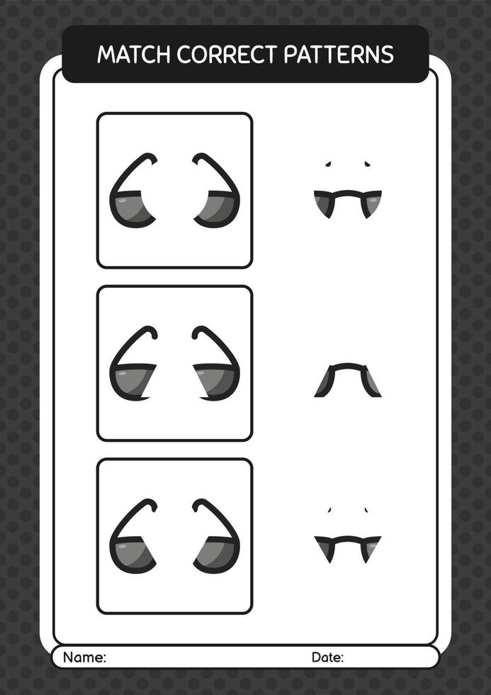 jeu de modèle de match avec des lunettes de soleil. feuille de travail pour les enfants d'âge préscolaire, feuille d'activité pour enfants vecteur