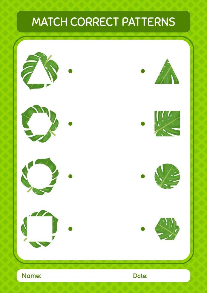 match pattern jeu avec feuille de monstera. feuille de travail pour les enfants d'âge préscolaire, feuille d'activité pour enfants vecteur