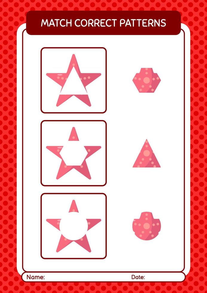 match pattern game avec seastar. feuille de travail pour les enfants d'âge préscolaire, feuille d'activité pour enfants vecteur