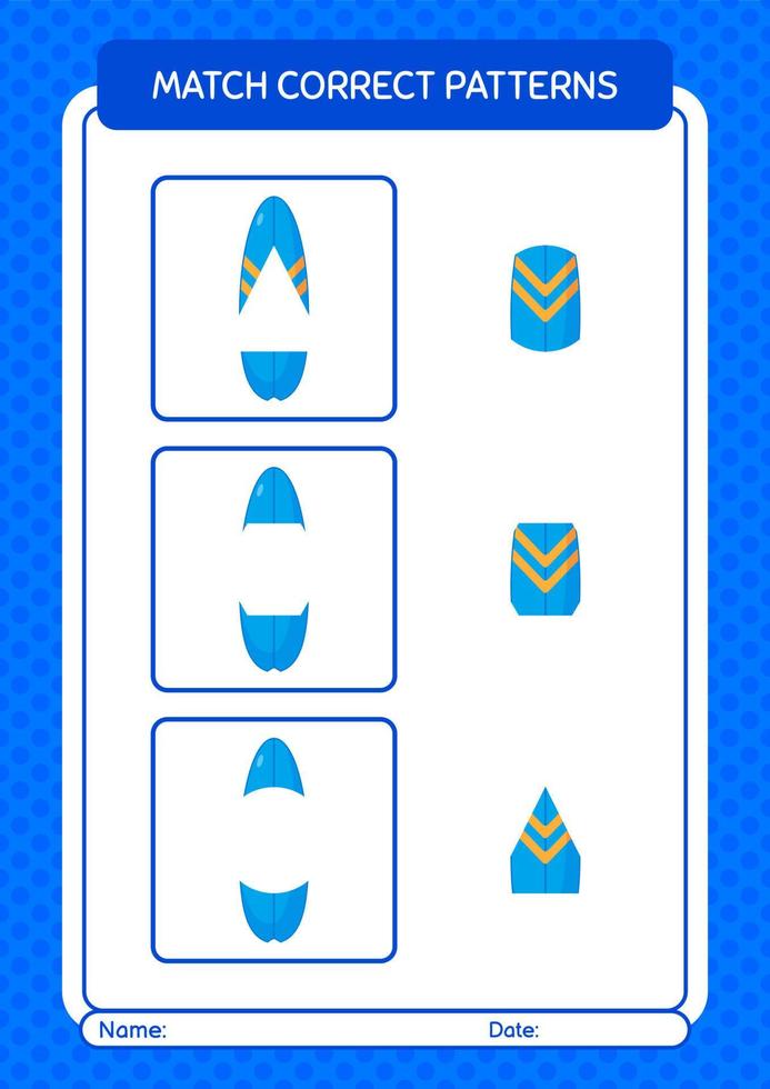 match pattern jeu avec planche de surf. feuille de travail pour les enfants d'âge préscolaire, feuille d'activité pour enfants vecteur