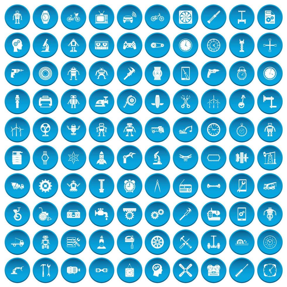 100 icônes d'engrenage définies en bleu vecteur