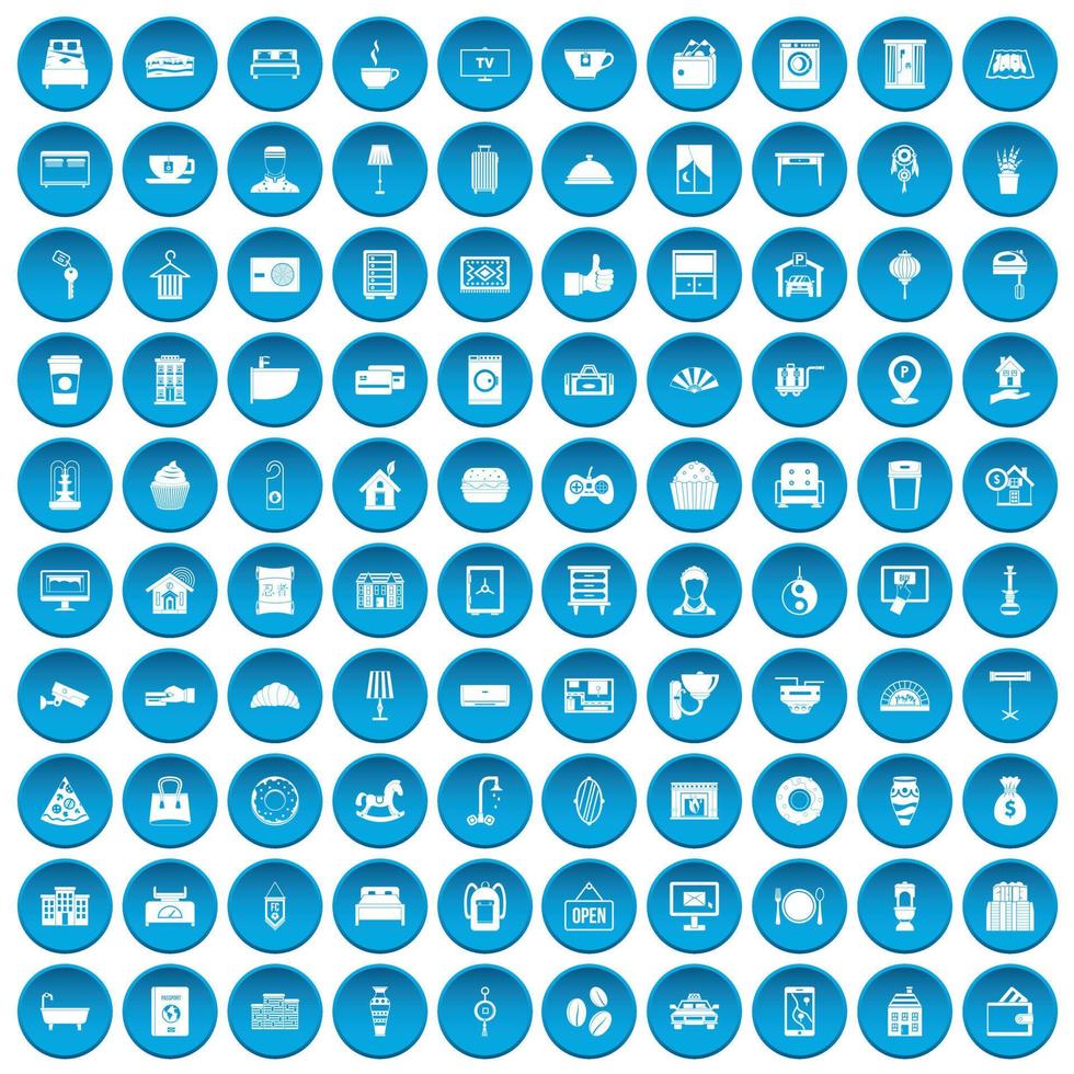 100 icônes d'hôtel définies en bleu vecteur