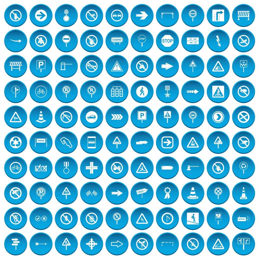 100 icônes de signalisation routière définies en bleu vecteur