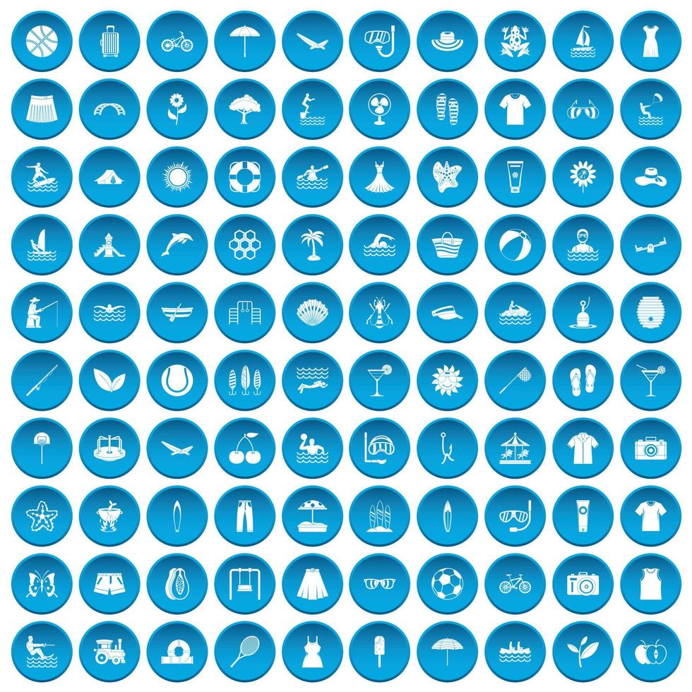 100 icônes d'été définies en bleu vecteur