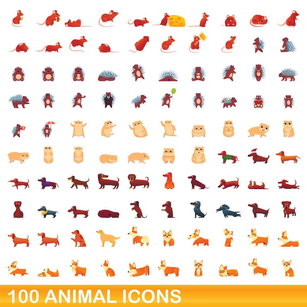 Ensemble de 100 icônes d'animaux, style dessin animé vecteur