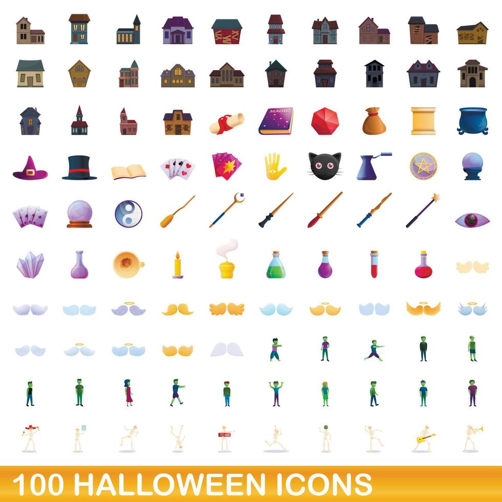 Ensemble de 100 icônes d'halloween, style dessin animé vecteur