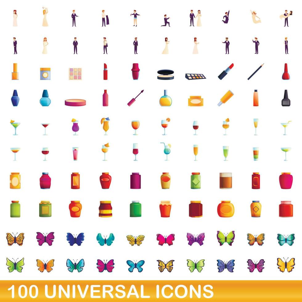 Ensemble de 100 icônes universelles, style dessin animé vecteur