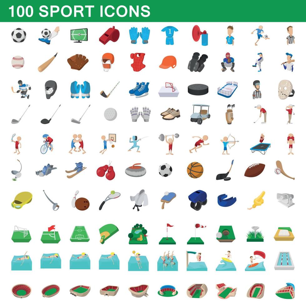 Ensemble de 100 icônes de sport, style cartoon vecteur