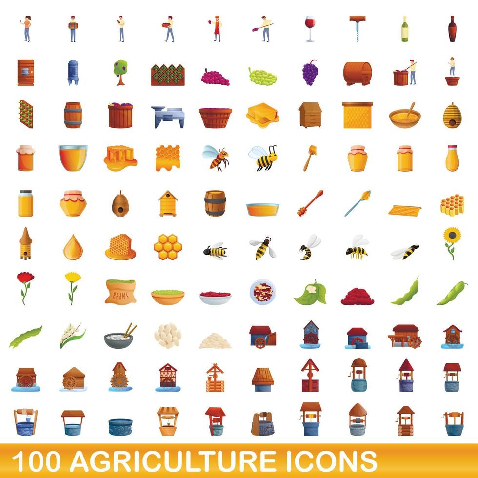 Ensemble de 100 icônes agricoles, style dessin animé vecteur