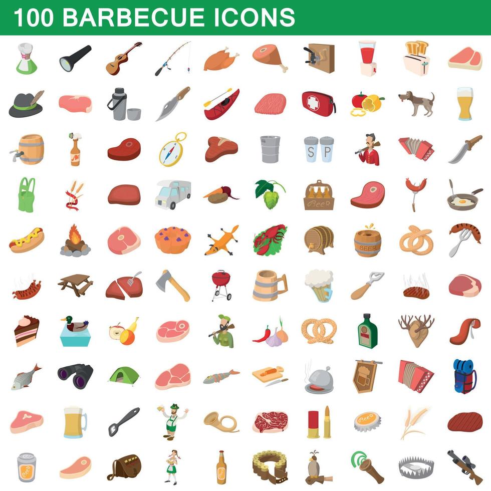 Ensemble de 100 icônes de barbecue, style dessin animé vecteur