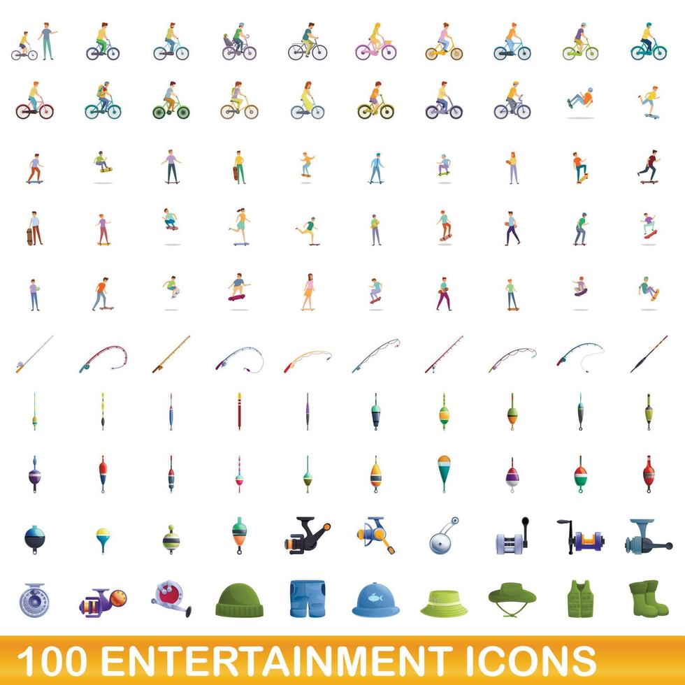 Ensemble de 100 icônes de divertissement, style dessin animé vecteur