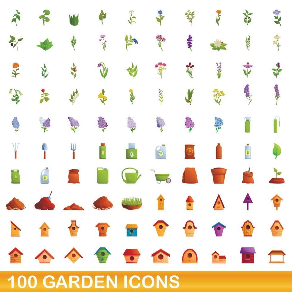 Ensemble de 100 icônes de jardin, style dessin animé vecteur