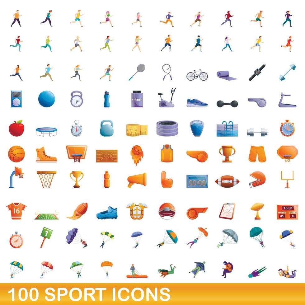 Ensemble de 100 icônes de sport, style cartoon vecteur