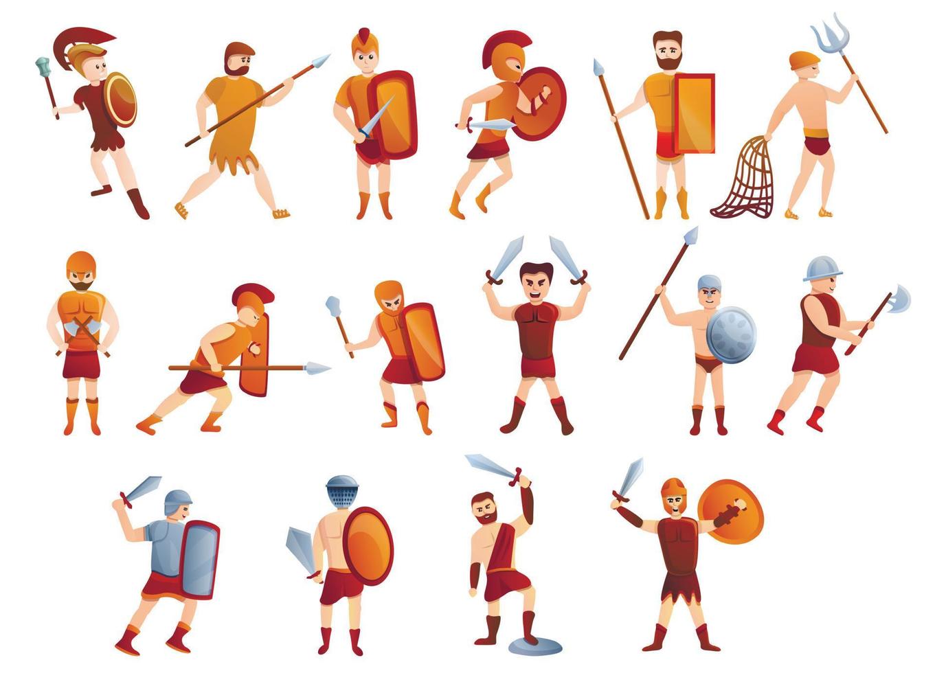 jeu d'icônes de gladiateur, style dessin animé vecteur