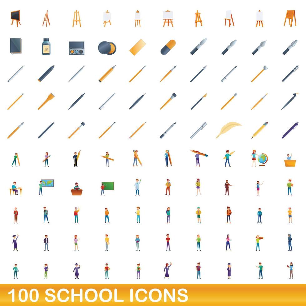 Ensemble de 100 icônes d'école, style cartoon vecteur