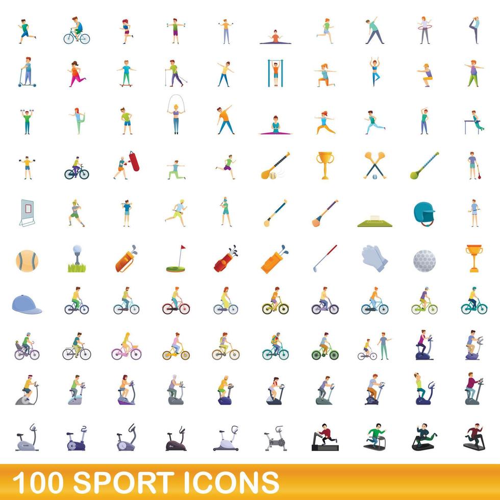 Ensemble de 100 icônes de sport, style cartoon vecteur